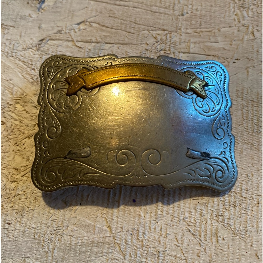 Belt buckle nickel silver & brass? Scrollwork and banner vintage